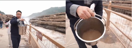 （朱磊现场取水及取上的“黄色”黄河水水质）